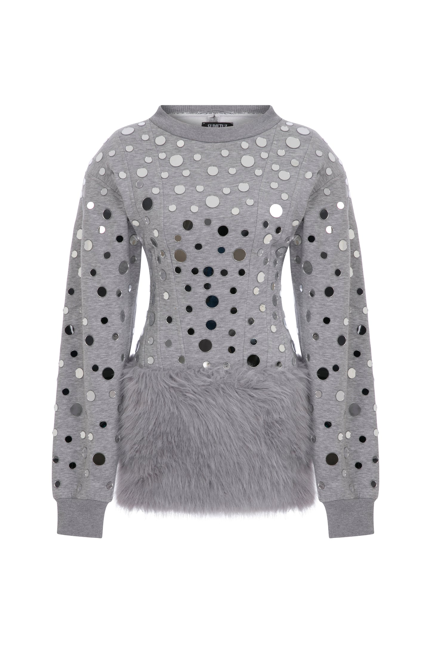 MINI MIRROR COVERED SWEATER DRESS WITH FAUX FUR SKIRT