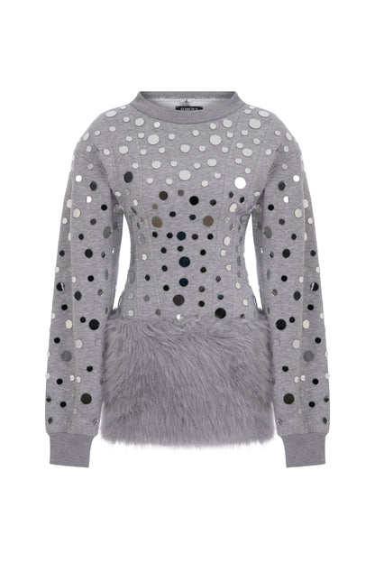 MINI MIRROR COVERED SWEATER DRESS WITH FAUX FUR SKIRT