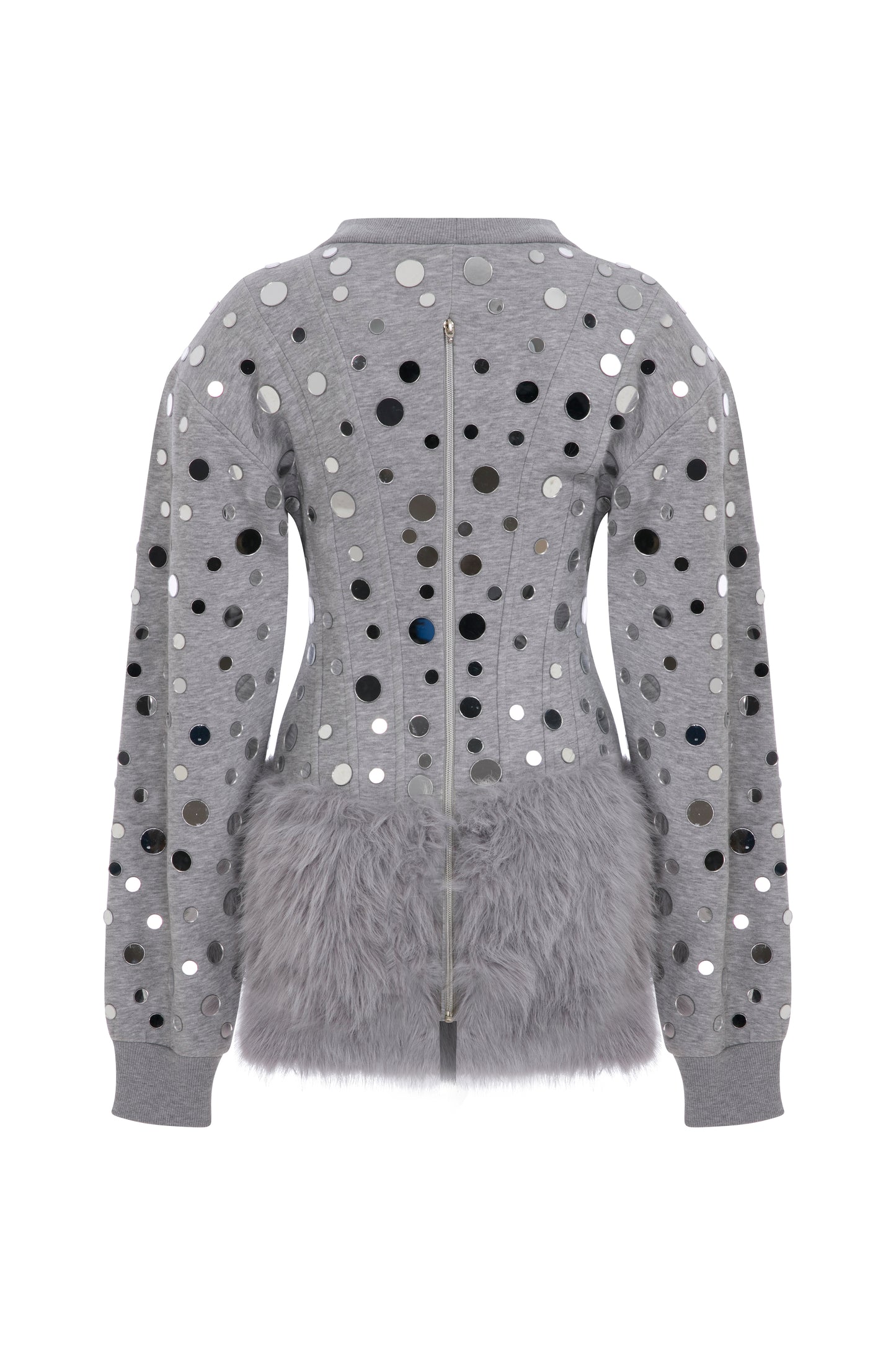 MINI MIRROR COVERED SWEATER DRESS WITH FAUX FUR SKIRT