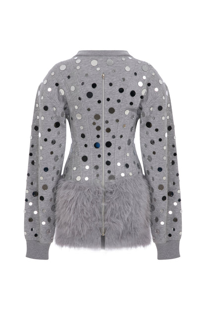MINI MIRROR COVERED SWEATER DRESS WITH FAUX FUR SKIRT