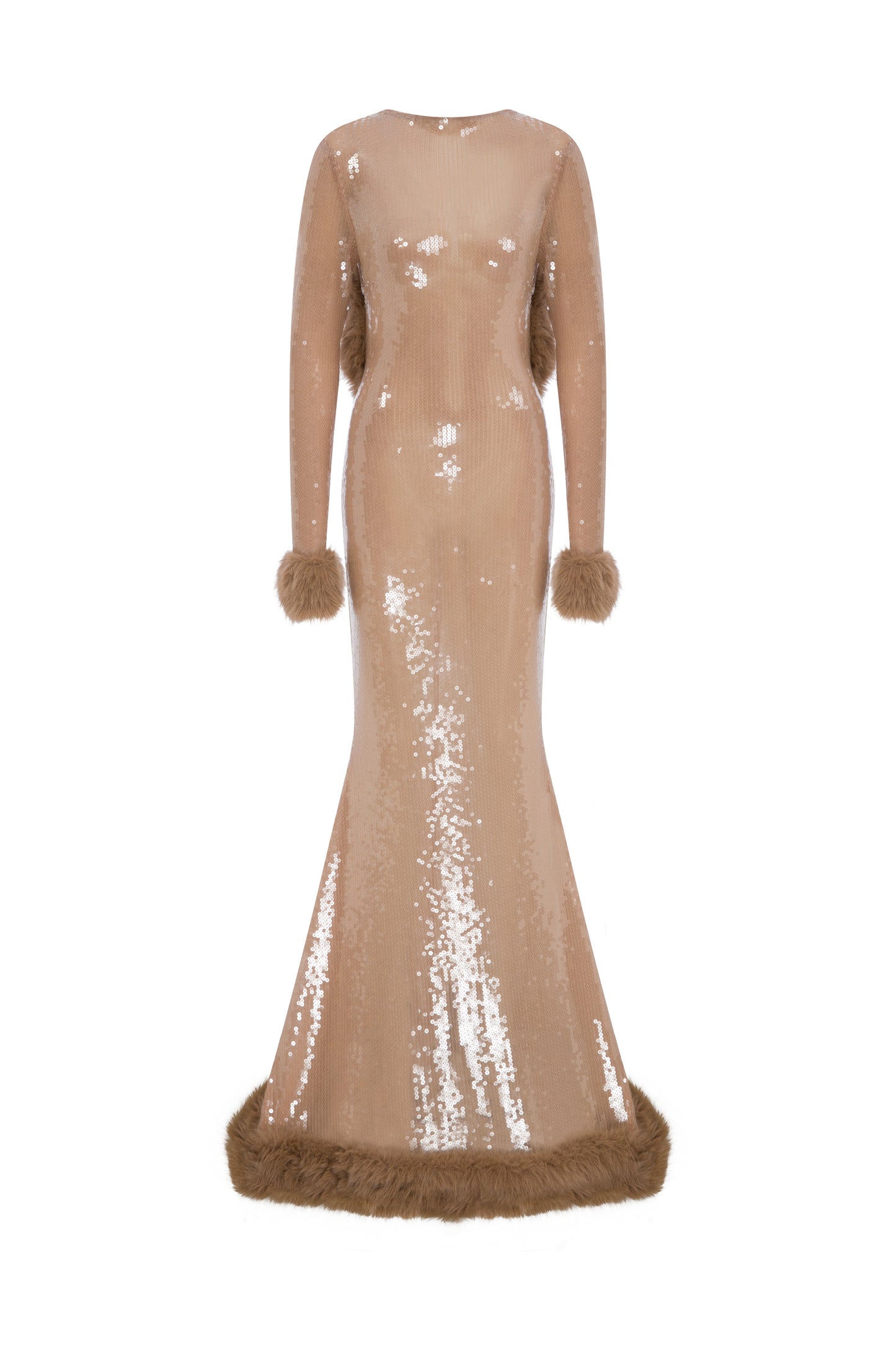 SHEER SEQUIN MAXI BACKLESS DRESS WITH FAUX FUR TRIMMINGS