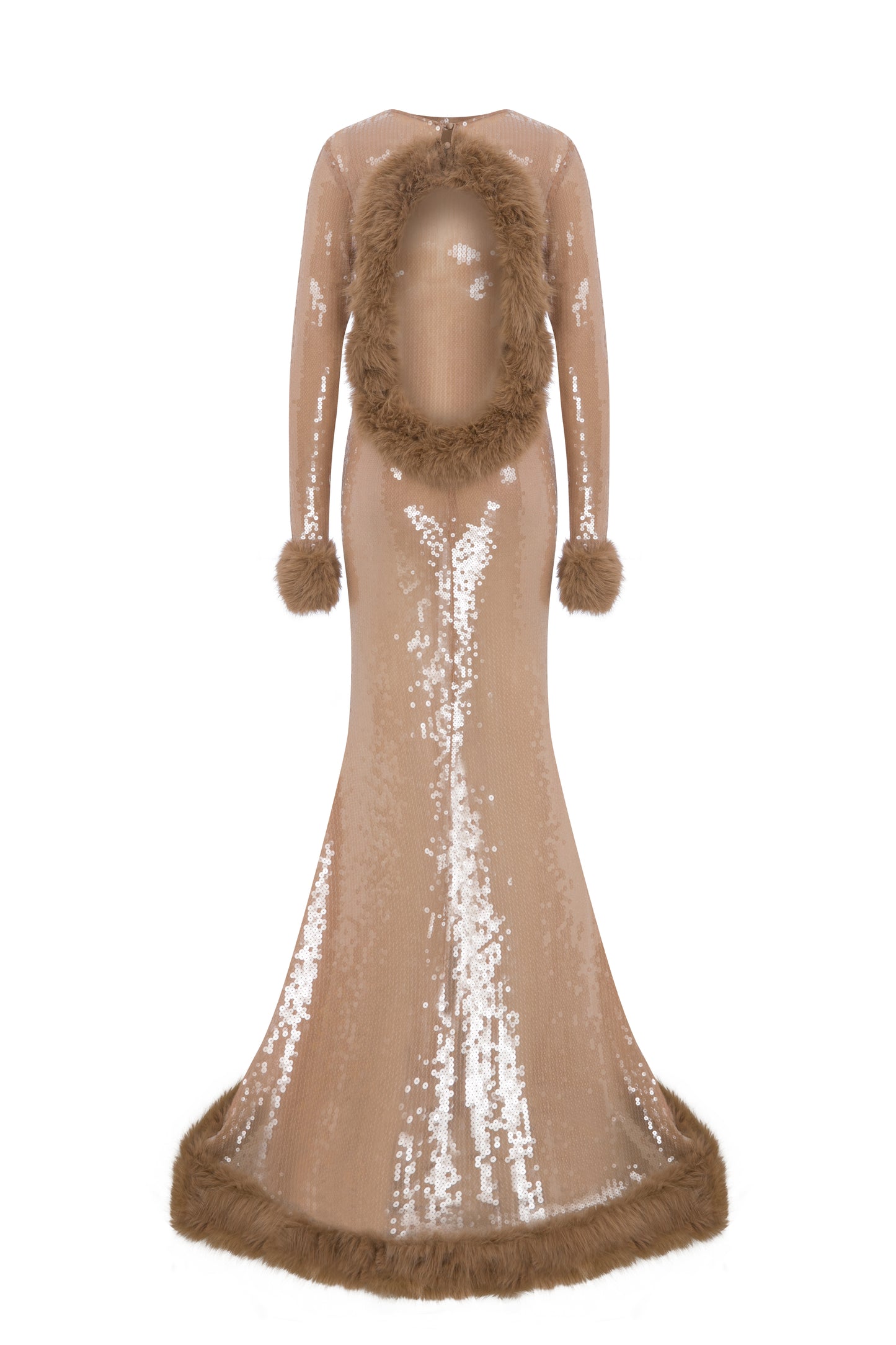 SHEER SEQUIN MAXI BACKLESS DRESS WITH FAUX FUR TRIMMINGS