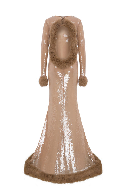 SHEER SEQUIN MAXI BACKLESS DRESS WITH FAUX FUR TRIMMINGS