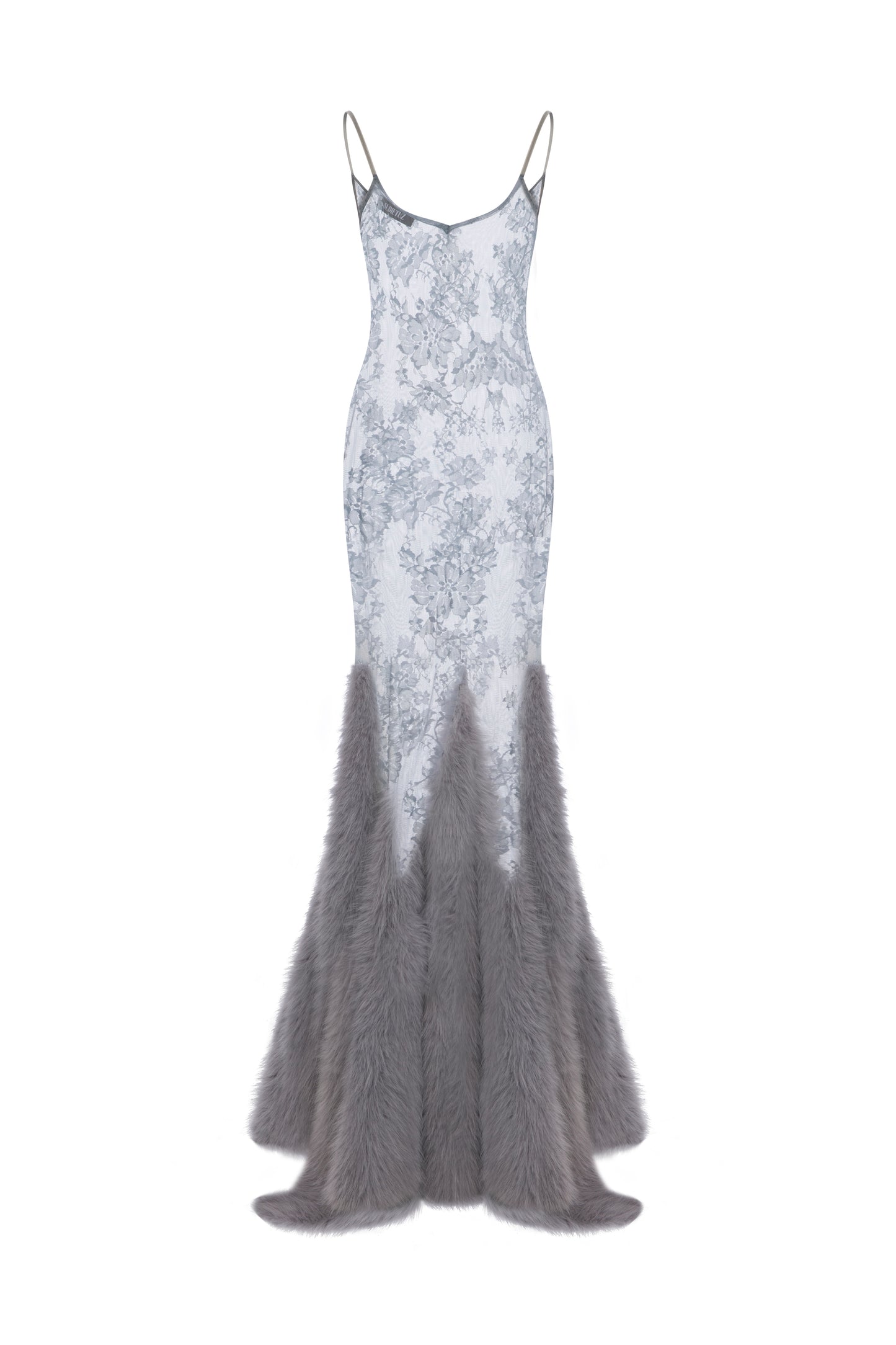 LACE MAXI DRESS WITH FAUX FUR TRIMMINGS