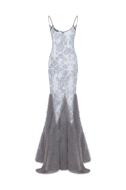 LACE MAXI DRESS WITH FAUX FUR TRIMMINGS