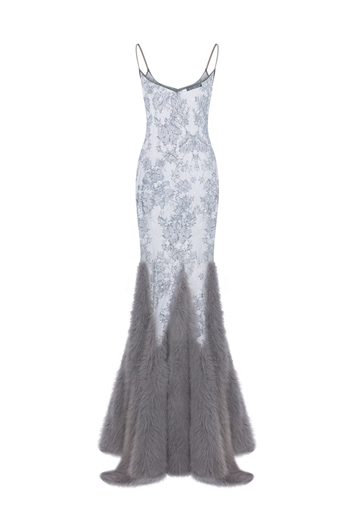 LACE MAXI DRESS WITH FAUX FUR TRIMMINGS