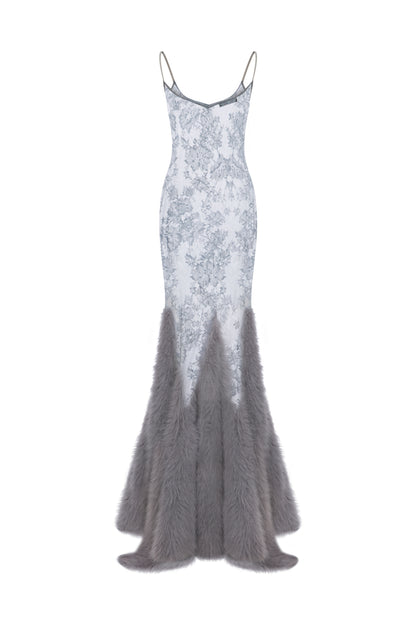 LACE MAXI DRESS WITH FAUX FUR TRIMMINGS