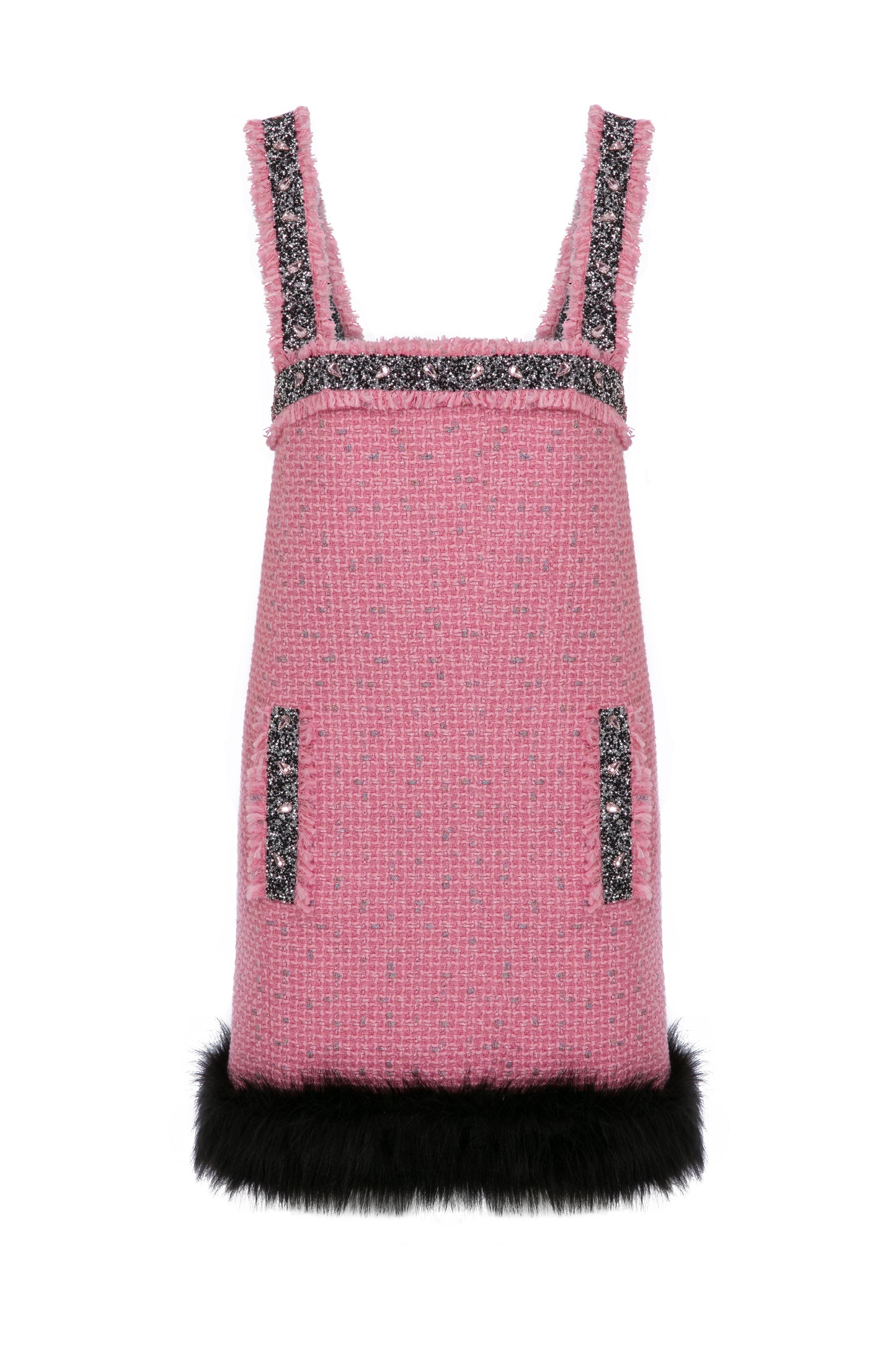 TWEED MINI DRESS WITH RHINESTONE AND FAUX FUR TRIMMINGS