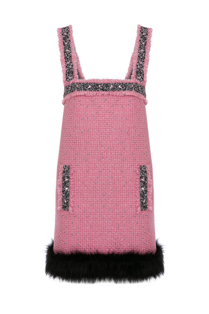 TWEED MINI DRESS WITH RHINESTONE AND FAUX FUR TRIMMINGS