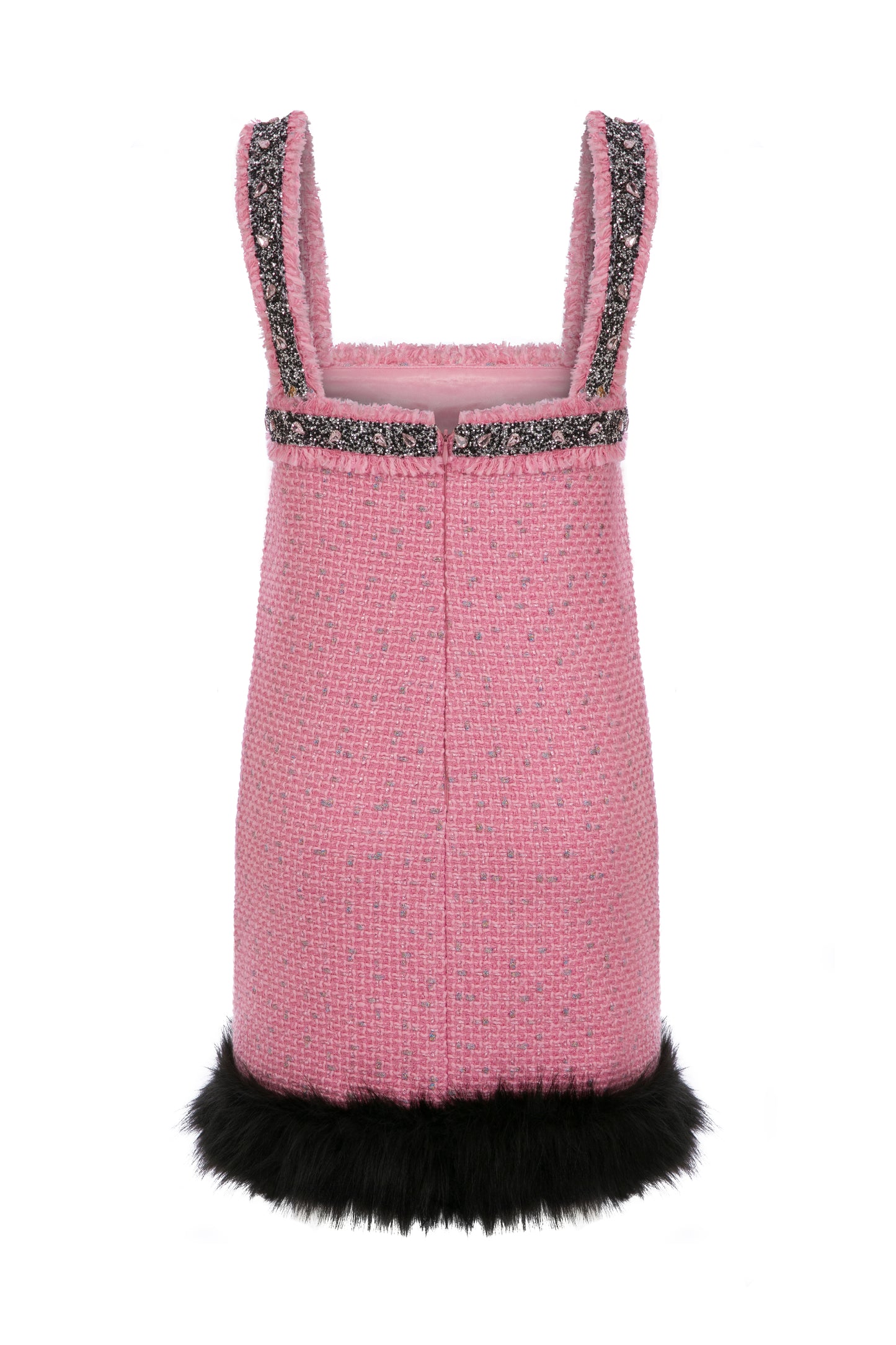 TWEED MINI DRESS WITH RHINESTONE AND FAUX FUR TRIMMINGS