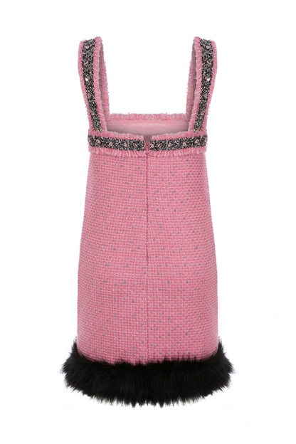 TWEED MINI DRESS WITH RHINESTONE AND FAUX FUR TRIMMINGS