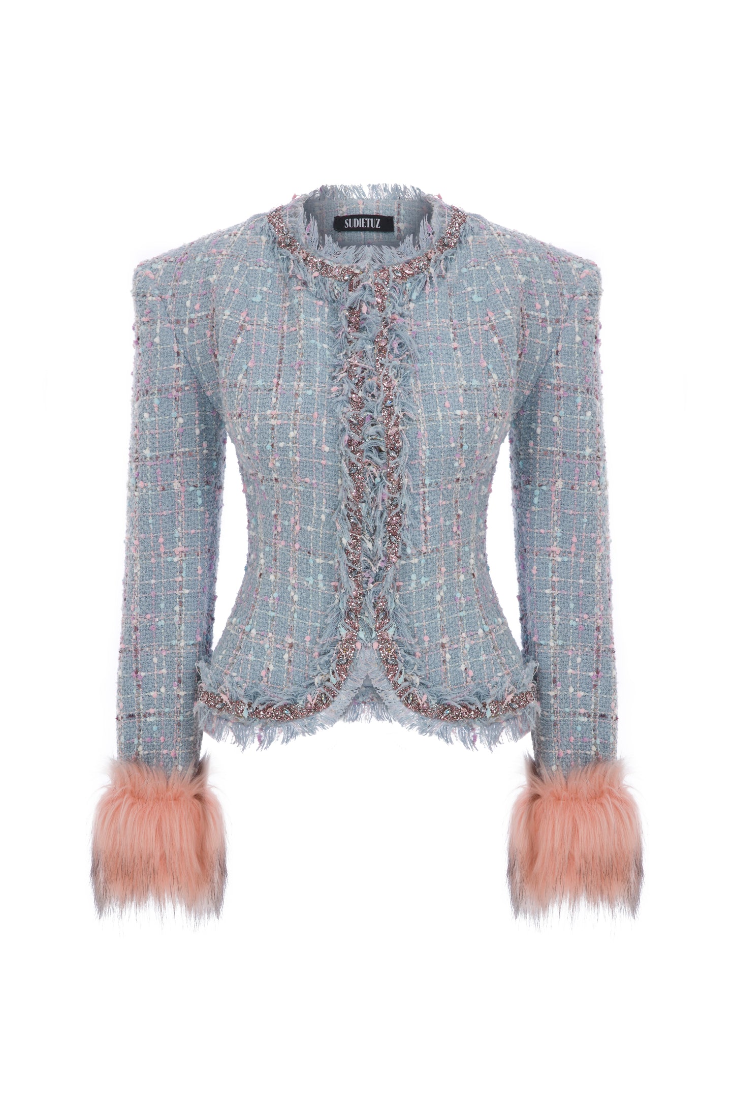 TWEED JACKET WITH RHINESTONE AND FAUX FUR TRIMMINGS