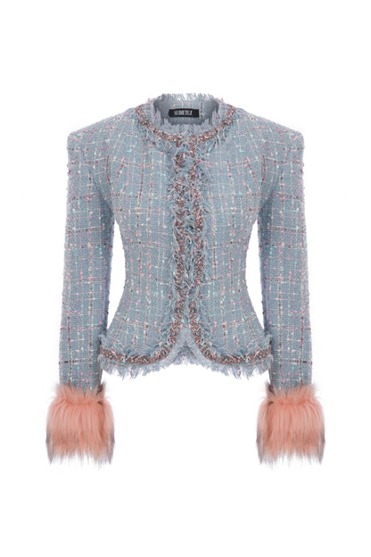 TWEED JACKET WITH RHINESTONE AND FAUX FUR TRIMMINGS