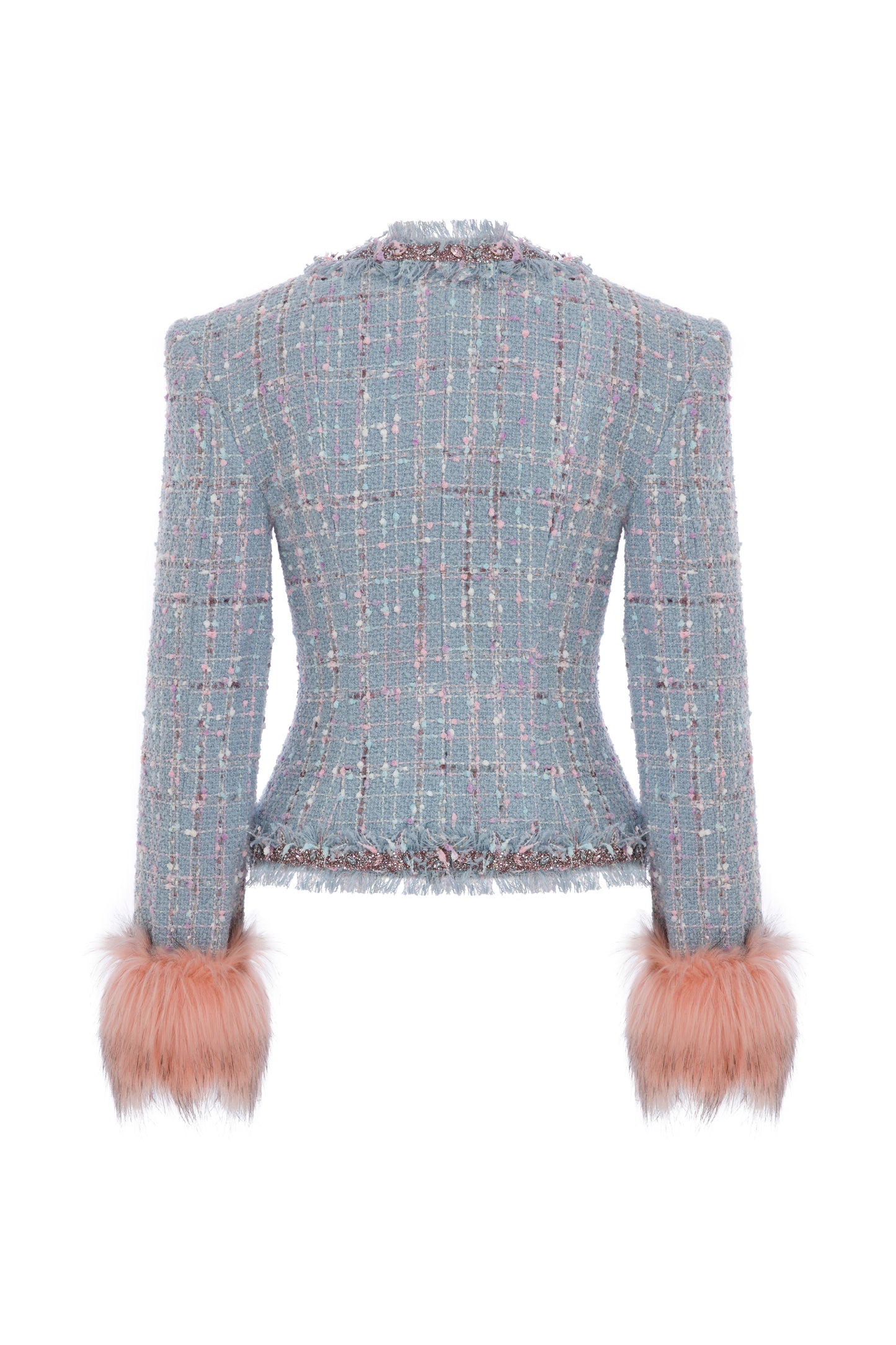 TWEED JACKET WITH RHINESTONE AND FAUX FUR TRIMMINGS