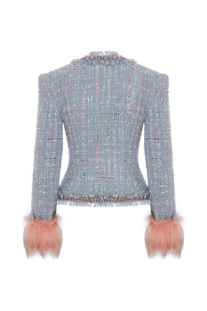 TWEED JACKET WITH RHINESTONE AND FAUX FUR TRIMMINGS