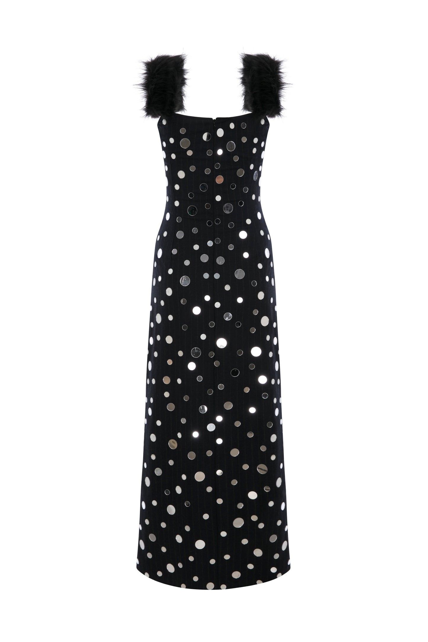 MIDI MIRROR COVERED DRESS WITH FAUX FUR STRAPS