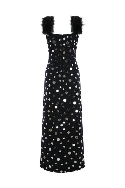 MIDI MIRROR COVERED DRESS WITH FAUX FUR STRAPS