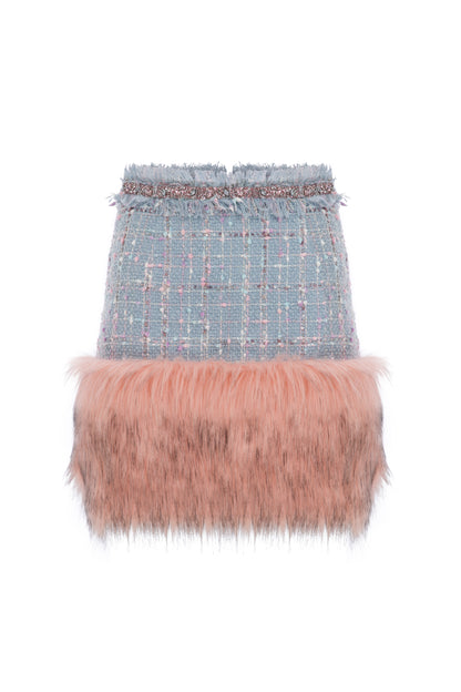 MINI TWEED SKIRT WITH FAUX FUR TRIMMINGS