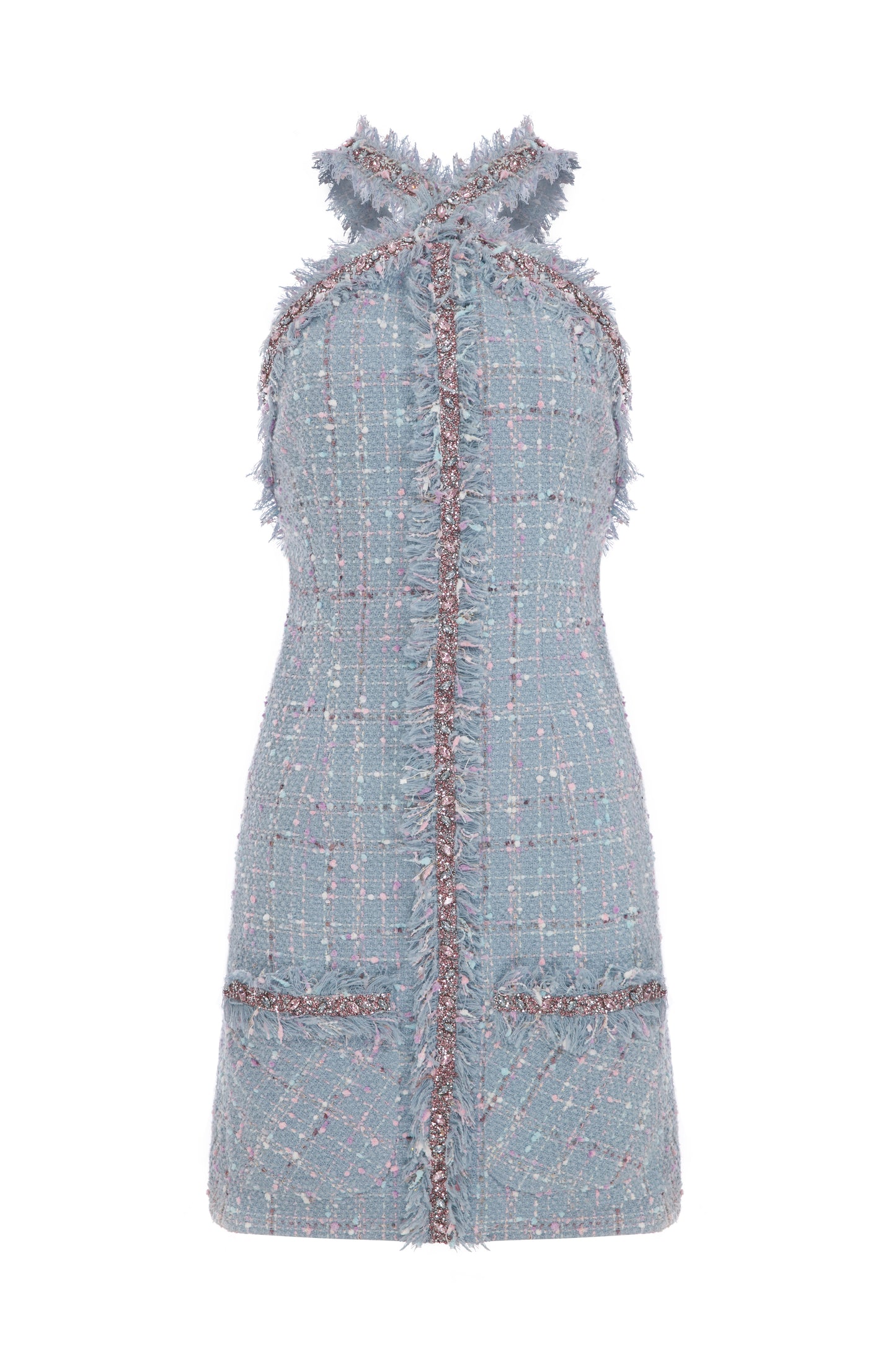 TWEED MINI HALTER NECK DRESS WITH RHINESTONE TRIMMINGS