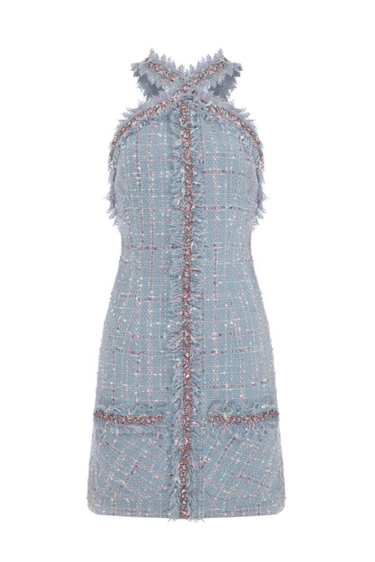 TWEED MINI HALTER NECK DRESS WITH RHINESTONE TRIMMINGS