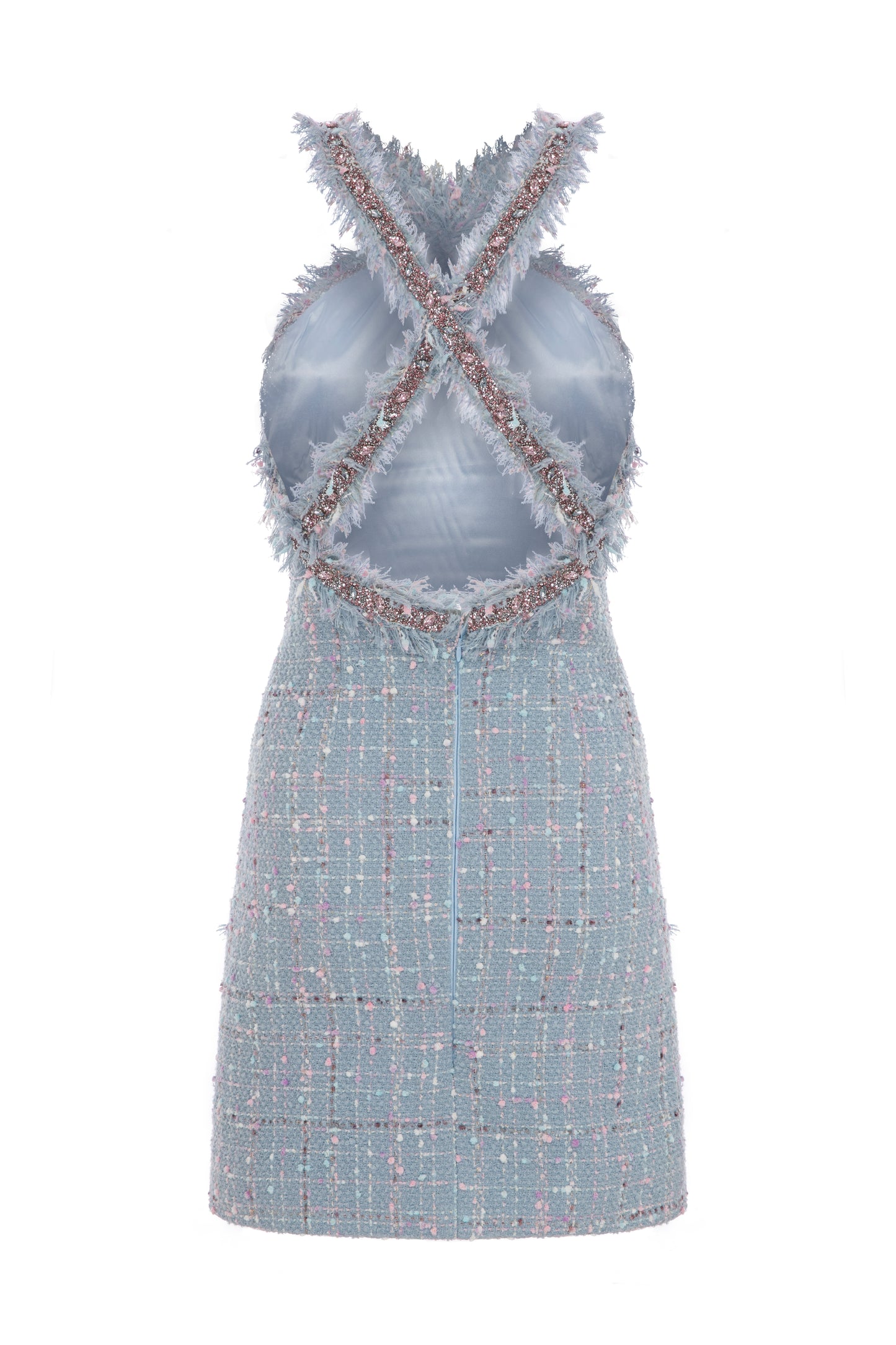 TWEED MINI HALTER NECK DRESS WITH RHINESTONE TRIMMINGS