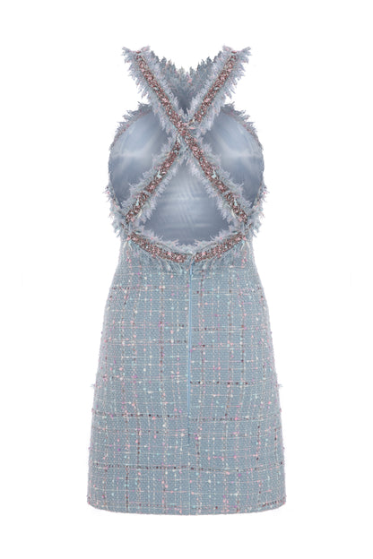 TWEED MINI HALTER NECK DRESS WITH RHINESTONE TRIMMINGS