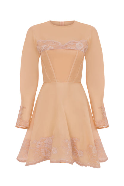 MINI SATIN ORGANZA DRESS WITH LACE TRIMMINGS