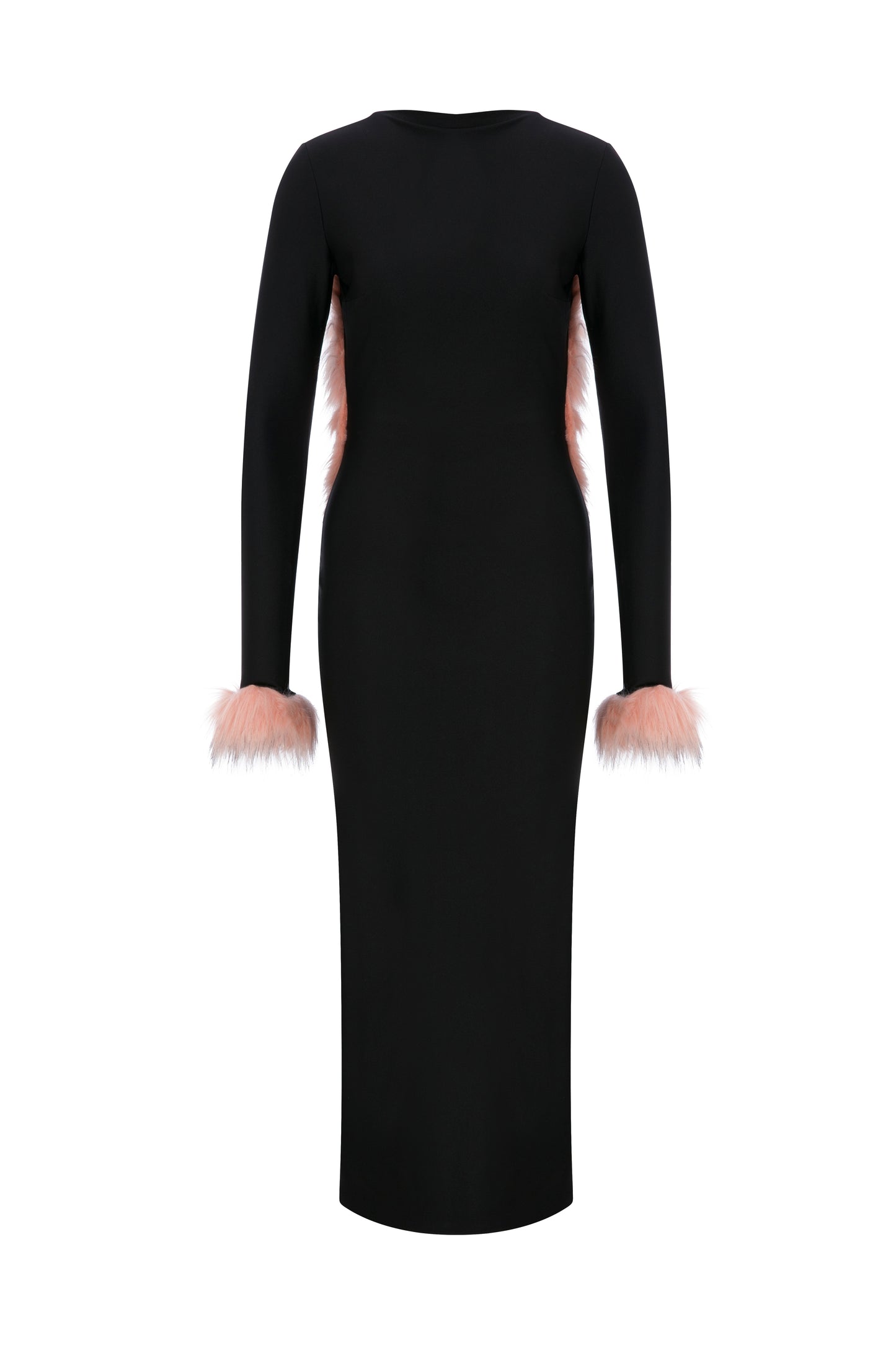 JERSEY MIDI BACKLESS DRESS WITH FAUX FUR TRIMMINGS