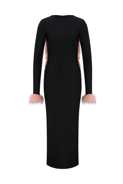 JERSEY MIDI BACKLESS DRESS WITH FAUX FUR TRIMMINGS