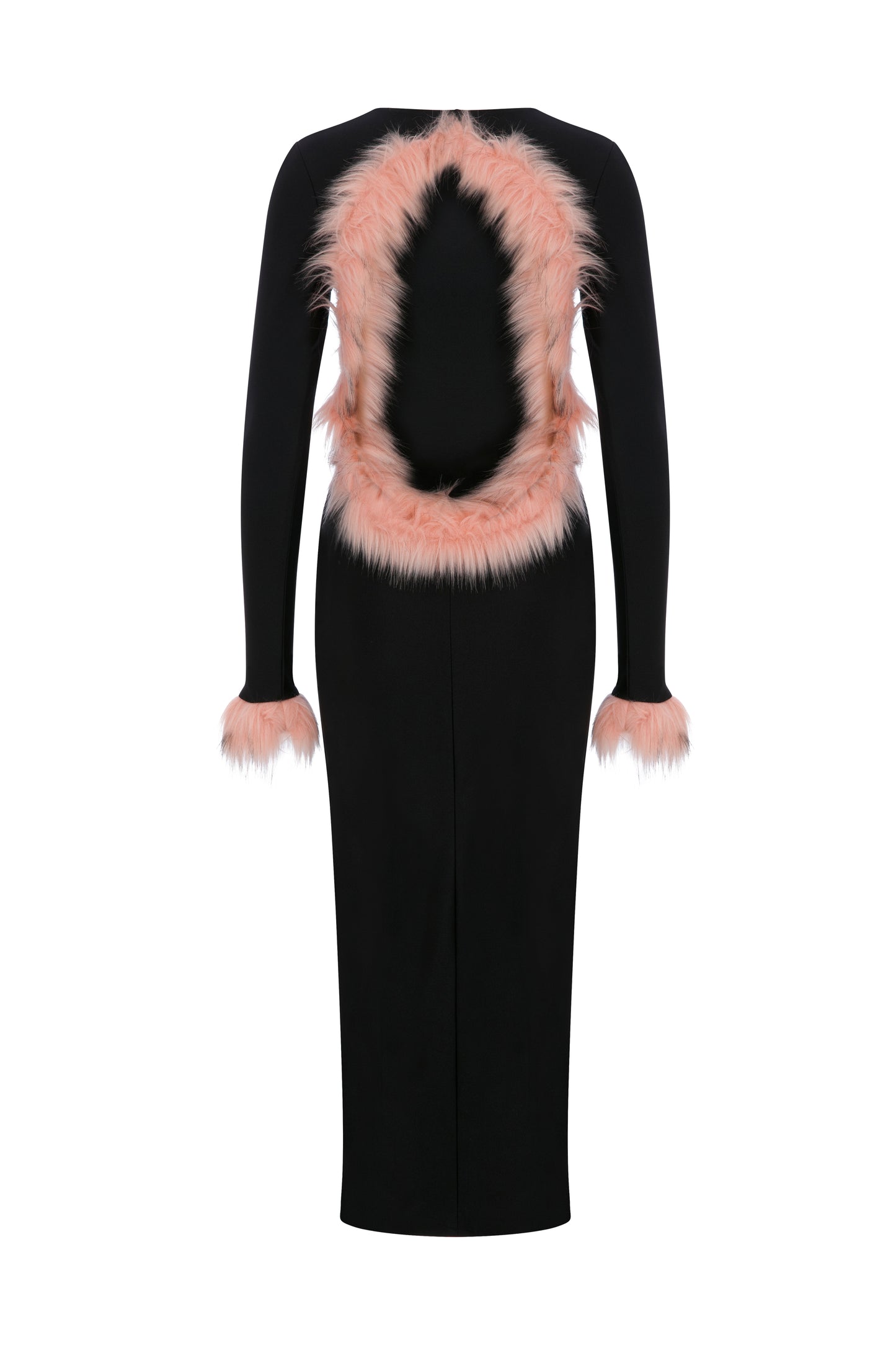 JERSEY MIDI BACKLESS DRESS WITH FAUX FUR TRIMMINGS