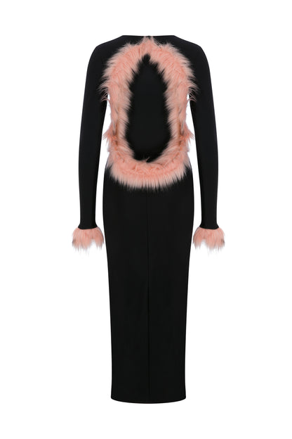 JERSEY MIDI BACKLESS DRESS WITH FAUX FUR TRIMMINGS