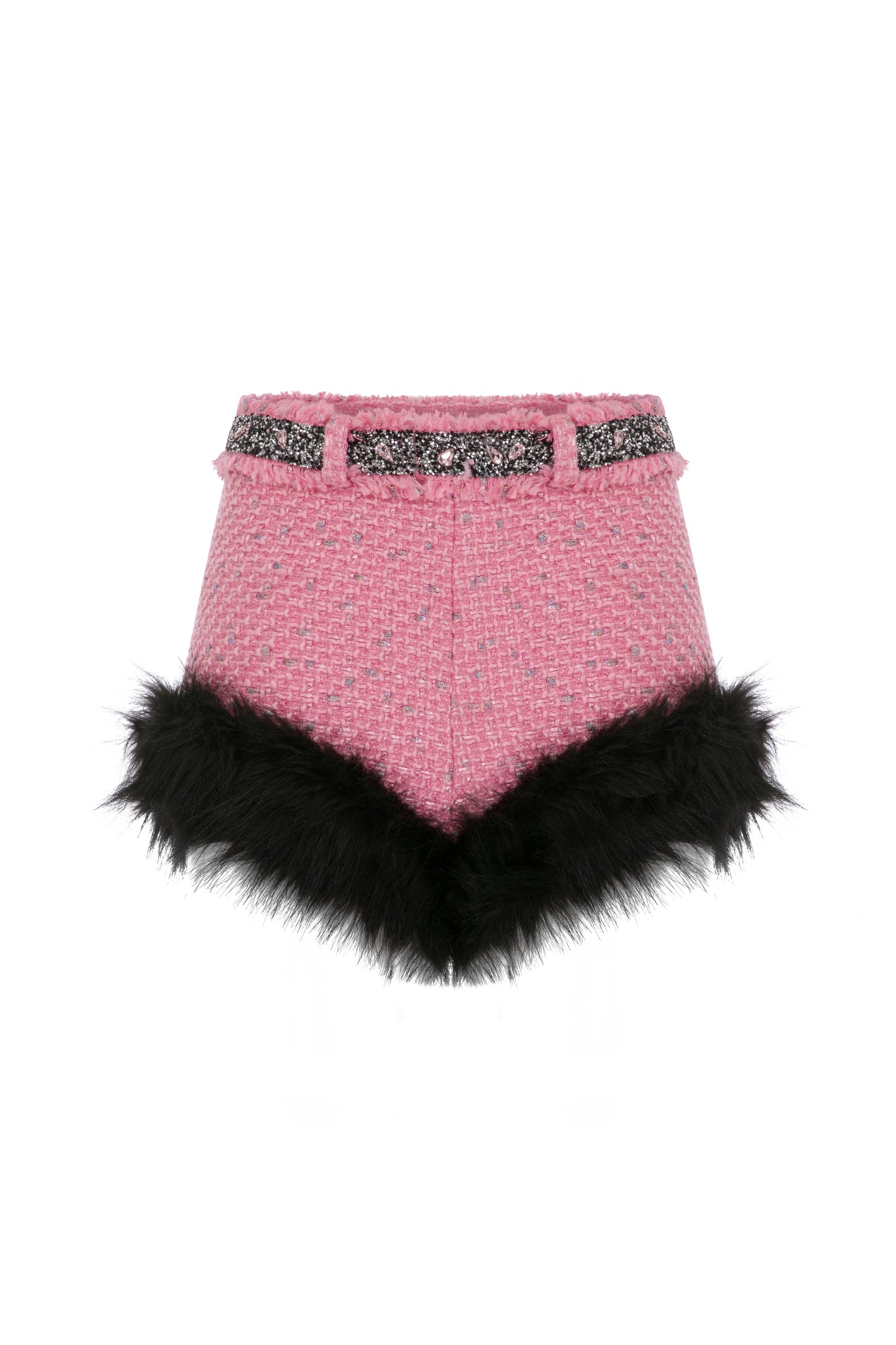 TWEED MINI SHORTS WITH RHINESTONE & FAUX FUR TRIMMINGS