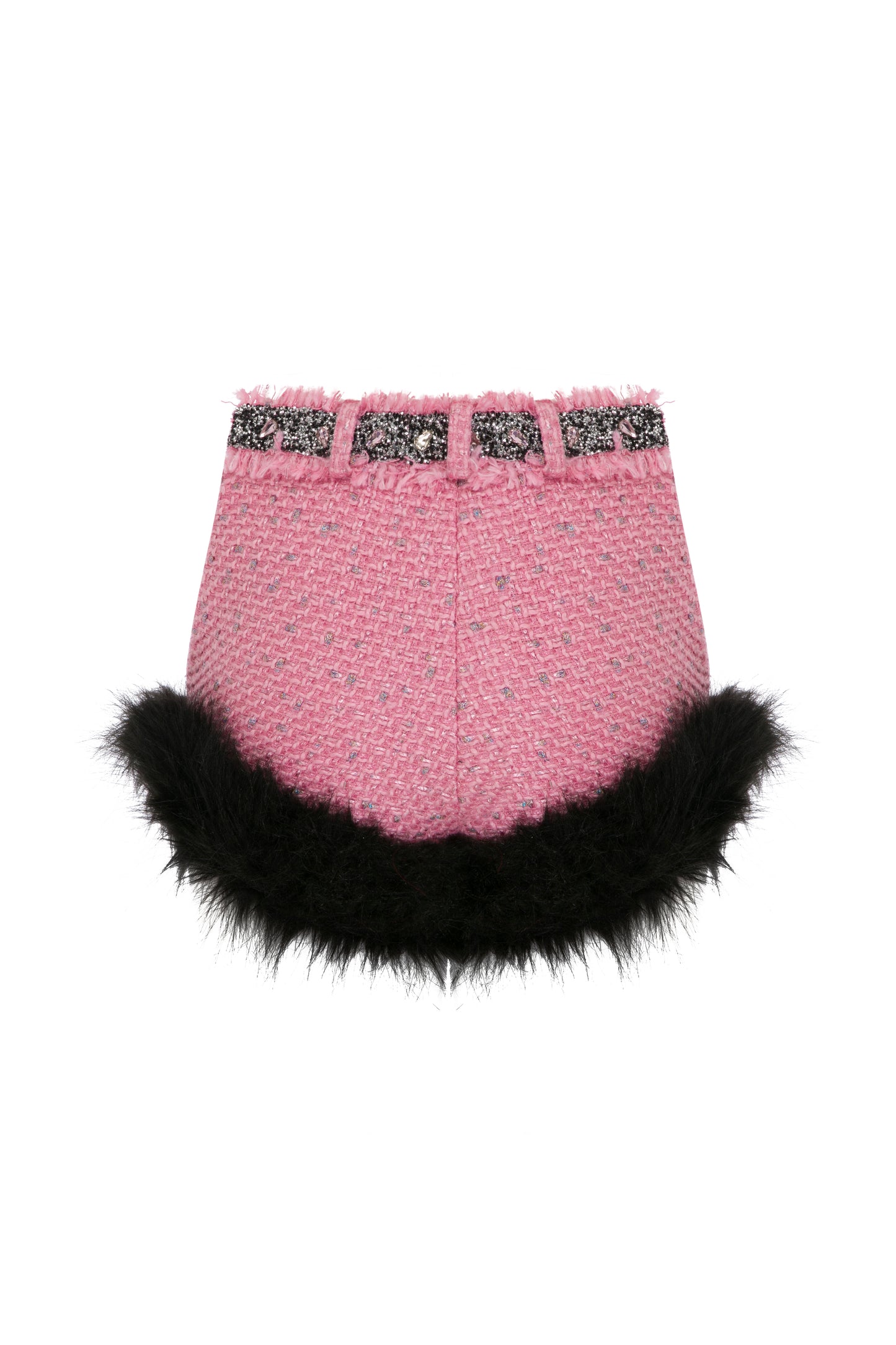 TWEED MINI SHORTS WITH RHINESTONE & FAUX FUR TRIMMINGS