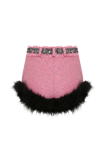 TWEED MINI SHORTS WITH RHINESTONE & FAUX FUR TRIMMINGS