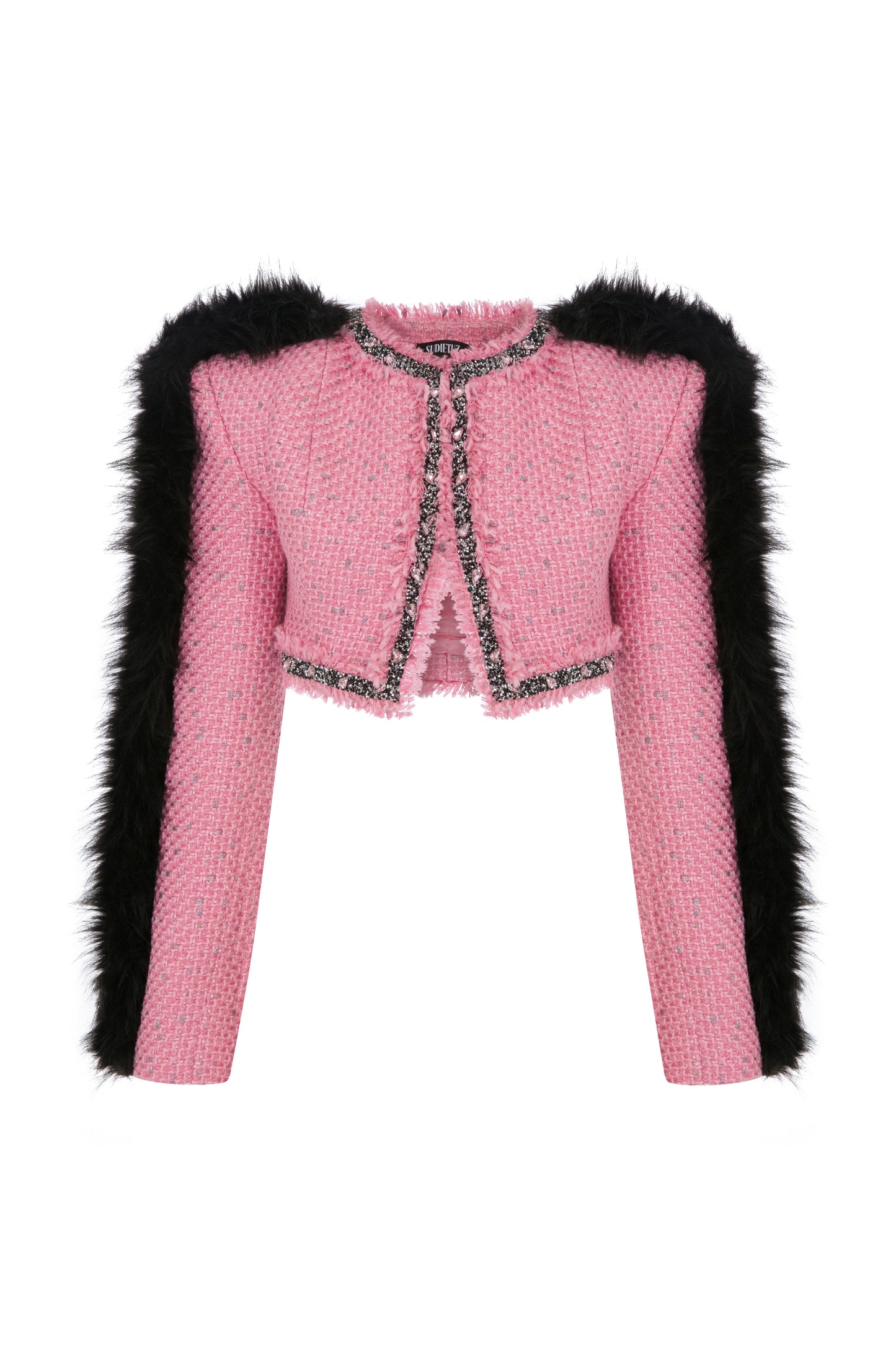 CROPPED TWEED JACKET WITH RHINESTONE AND FAUX FUR TRIMMINGS