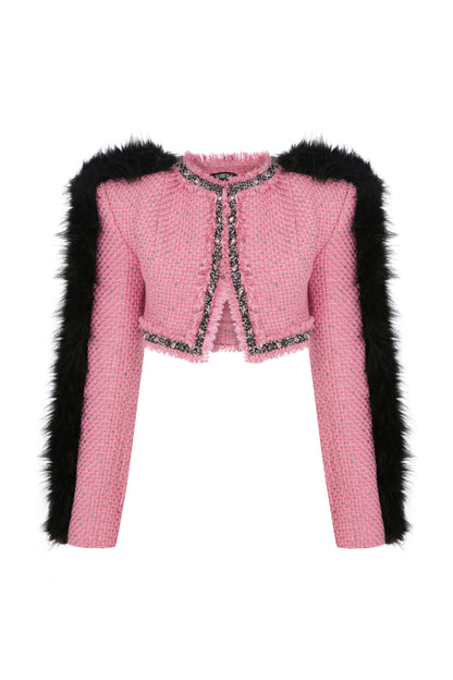 CROPPED TWEED JACKET WITH RHINESTONE AND FAUX FUR TRIMMINGS