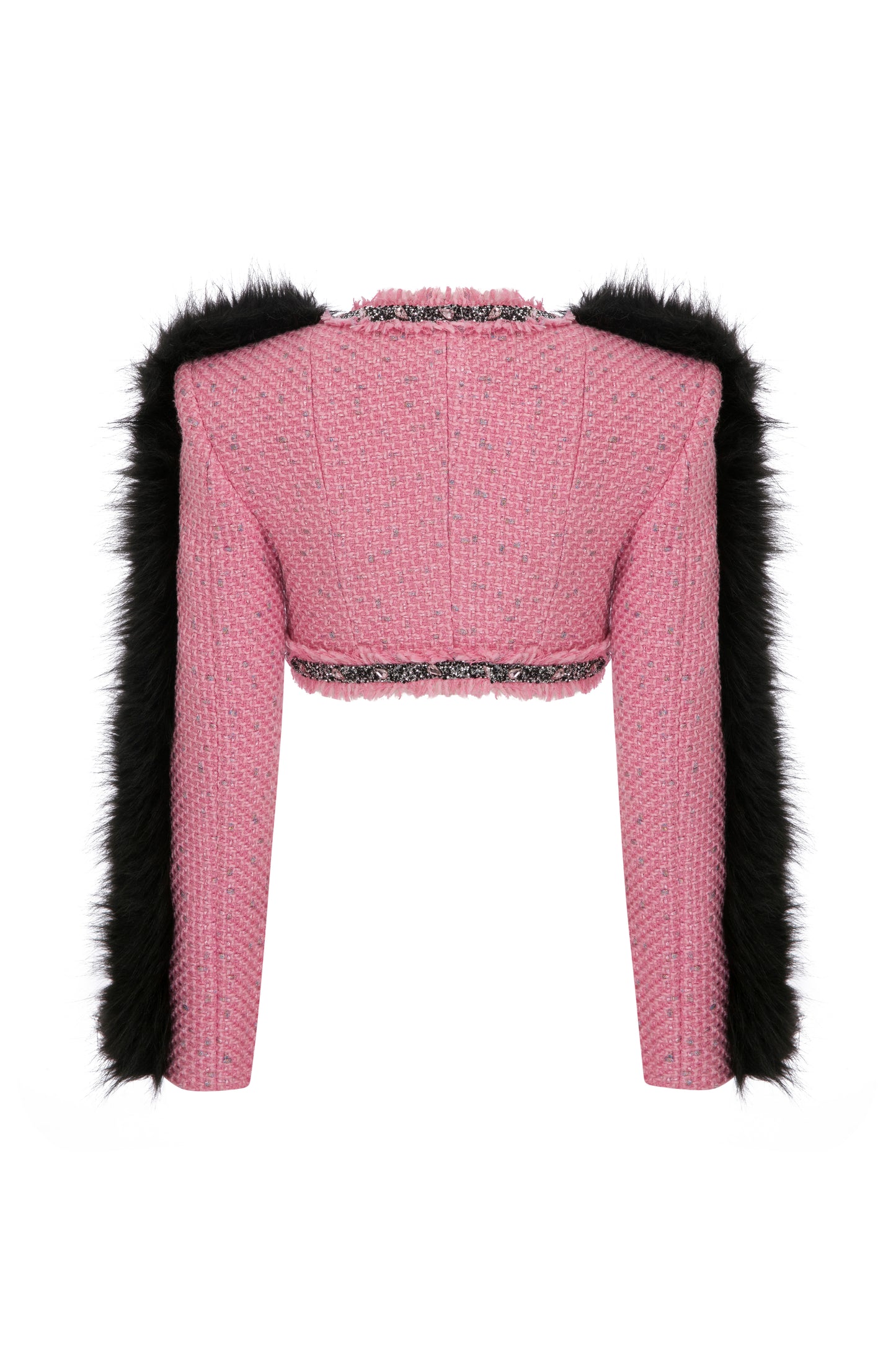 CROPPED TWEED JACKET WITH RHINESTONE AND FAUX FUR TRIMMINGS