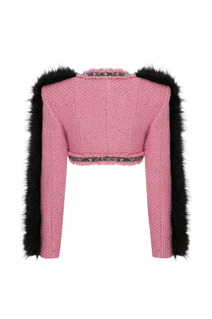 CROPPED TWEED JACKET WITH RHINESTONE AND FAUX FUR TRIMMINGS