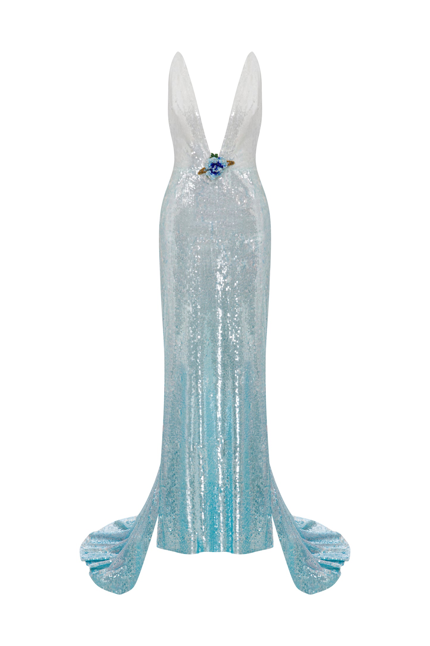 DEEP V NECK SEQUIN GOWN WITH TRAIN