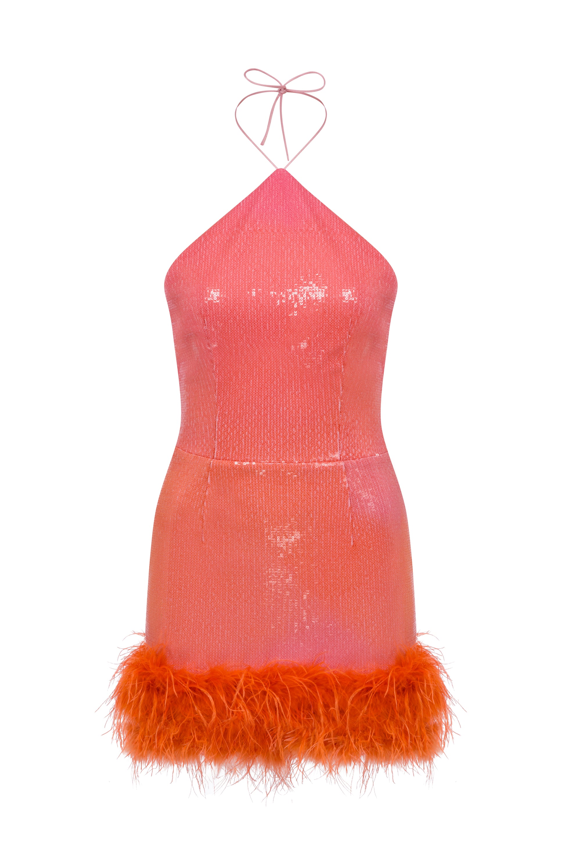MINI HALTER NECK DRESS WITH FEATHERED HEM Sudietuz MINI HALTER NECK DRESS WITH FEATHERED HEM Sudietuz