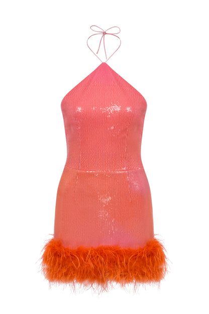 MINI HALTER NECK DRESS WITH FEATHERED HEM