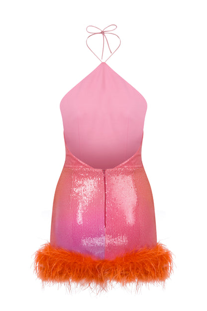 MINI HALTER NECK DRESS WITH FEATHERED HEM