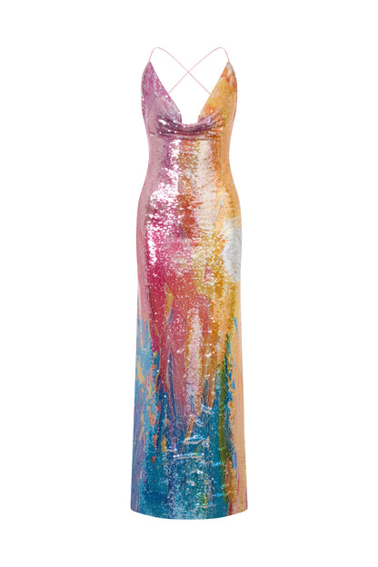 MAXI BACKLESS SEQUIN DRESS IN SUMMER GRADIENT