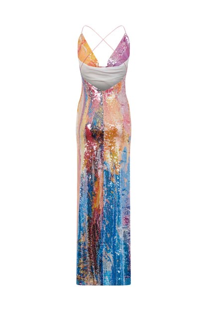 MAXI BACKLESS SEQUIN DRESS IN SUMMER GRADIENT