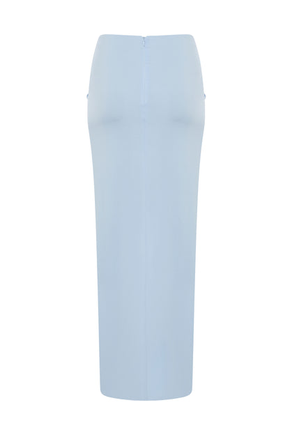 JERSEY MAXI SKIRT WITH KNOT DETAIL AND DEEP SLIT IN SKY BLUE