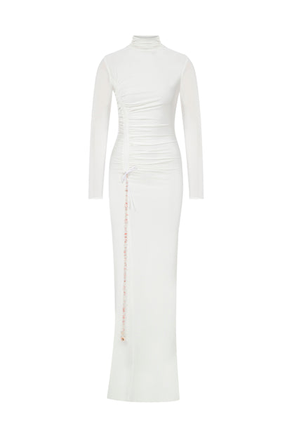 JERSEY MAXI DRESS WITH STONE ACCESSORIES IN WHITE