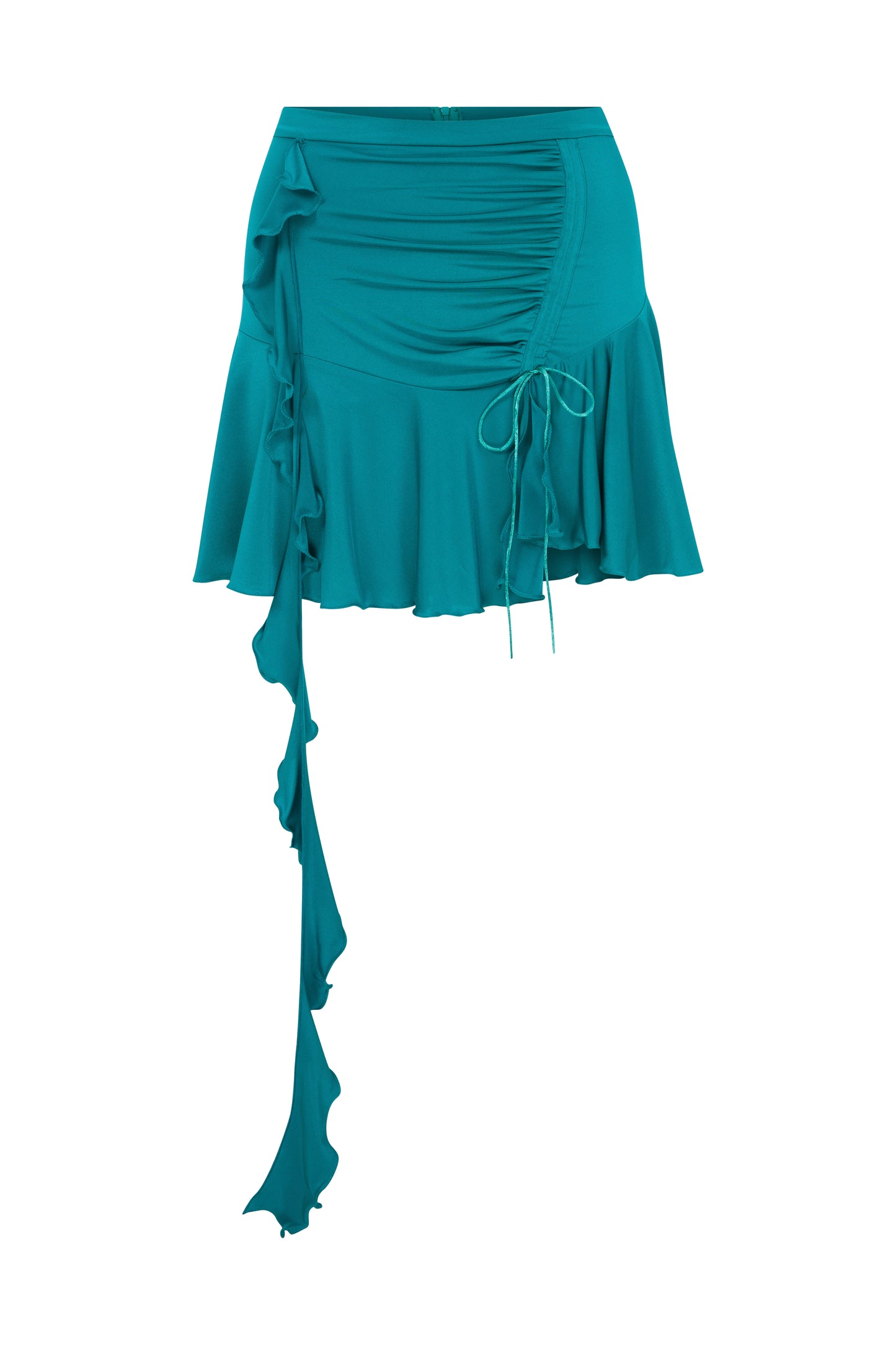 JERSEY MINI SKIRT WITH RUFFLES IN RUSTIC TURQUOISE