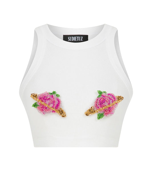 CROP TOP WITH HANDMADE FLOWER EMBROIDERY ACCESSORIES